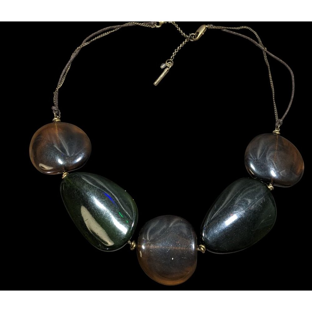 Kenneth Cole Brown & Green Beaded Statement Necklace With Adjustable Cord & Gold